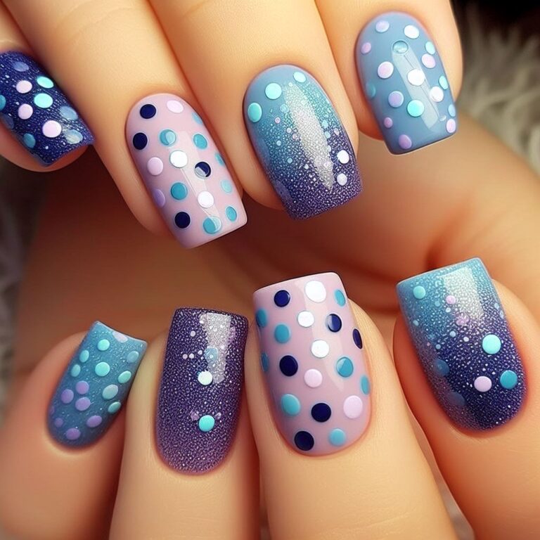 Lavender Dots: Stylish Nail Art in Blue and Purple with Polka Dots