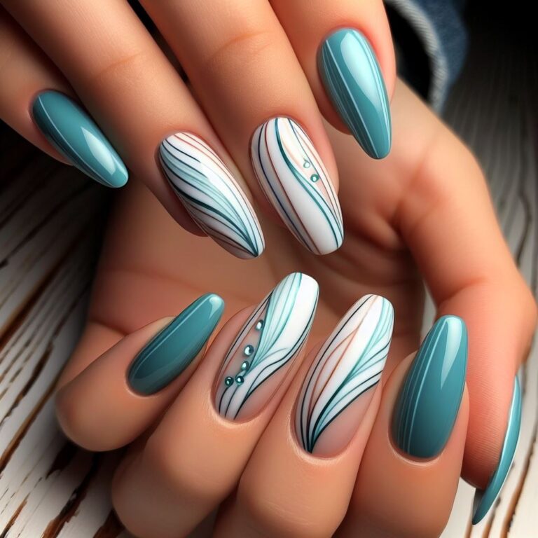 Curves and Crystals: Turquoise and White Nail Design Inspiration