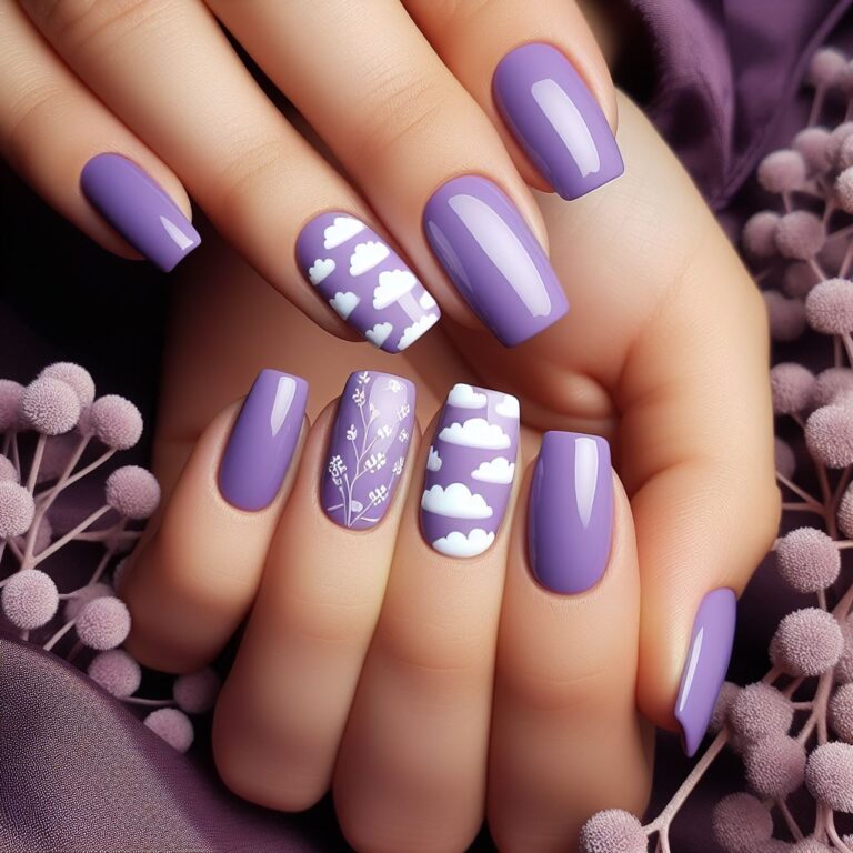 Purple Skies: Nail Art Featuring White Cloud Accents