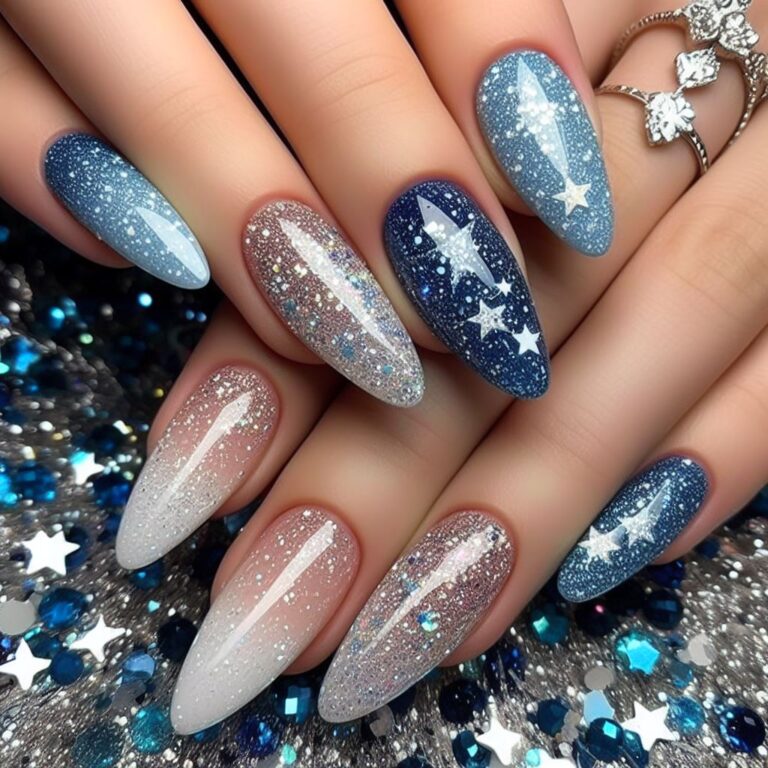 Astral Aura: Blue and White Nail Art with Sparkling Stars and Glitter