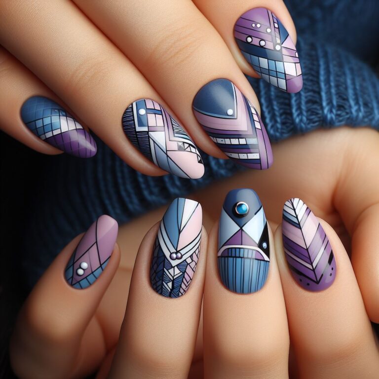 Modern Vibes: Stylish Blue and Purple Nails featuring Geometric Designs