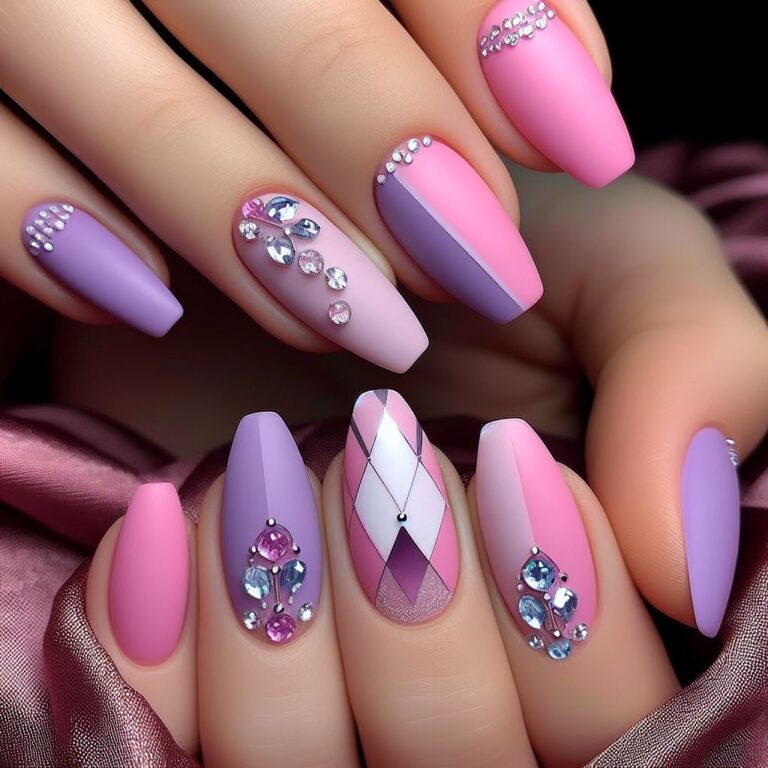 Gemstone Glamour: Purple and Pink Nail Design with Crystals and Gems