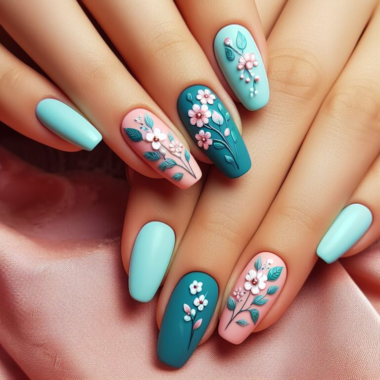 Springtime Chic: Pink and Turquoise Nail Design with Adorable Spring Flowers