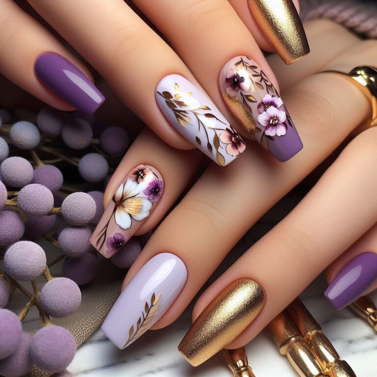 Floral Majesty: Purple and Gold Nails Adorned with Beautiful Flowers