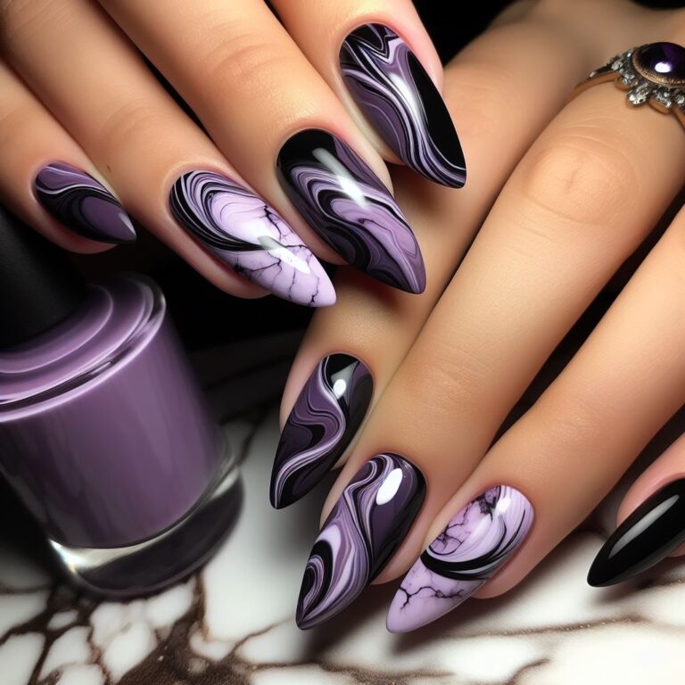 Enigmatic Essence: Marbled Effect in Purple and Black Nail Art