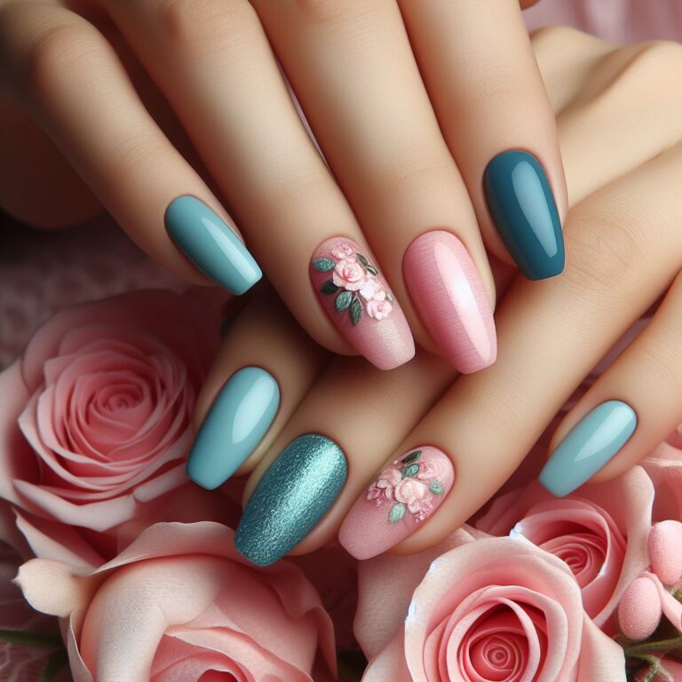 Romantic Blooms: Pink and Turquoise Nail Design with Delicate Flowers