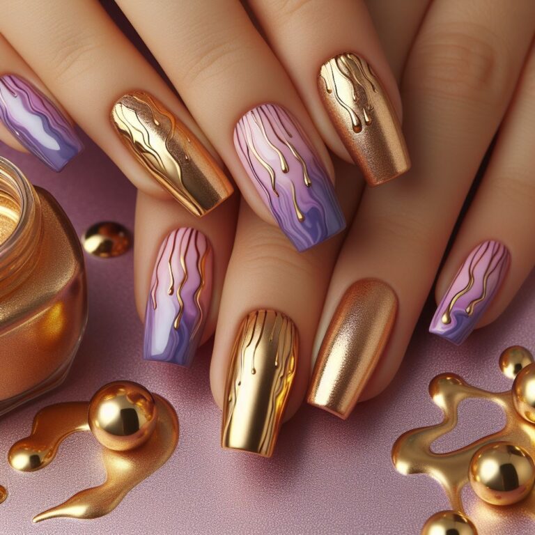 Royal Drip: Purple and Gold Nail Design with Dripping Effect