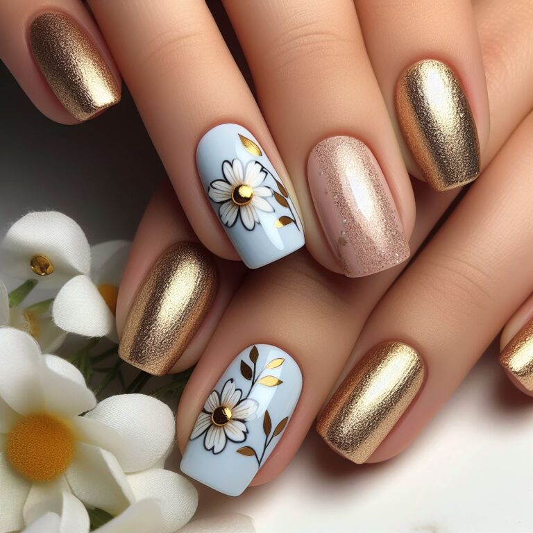 Celestial Petals: Blue and Gold Nails Adorned with Elegant Florals