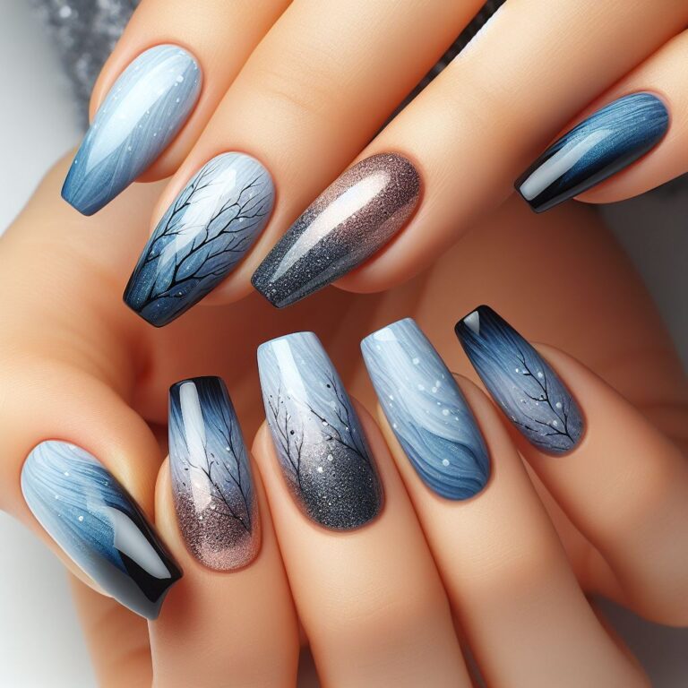 Winter Forest Whispers: Blue Nail Design Inspired by Frosty Woods