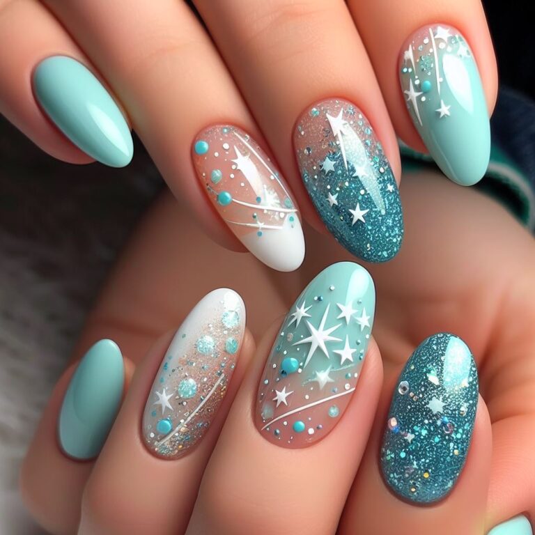 Stardust Delight: Turquoise and White Nails Featuring Glitter and Stars