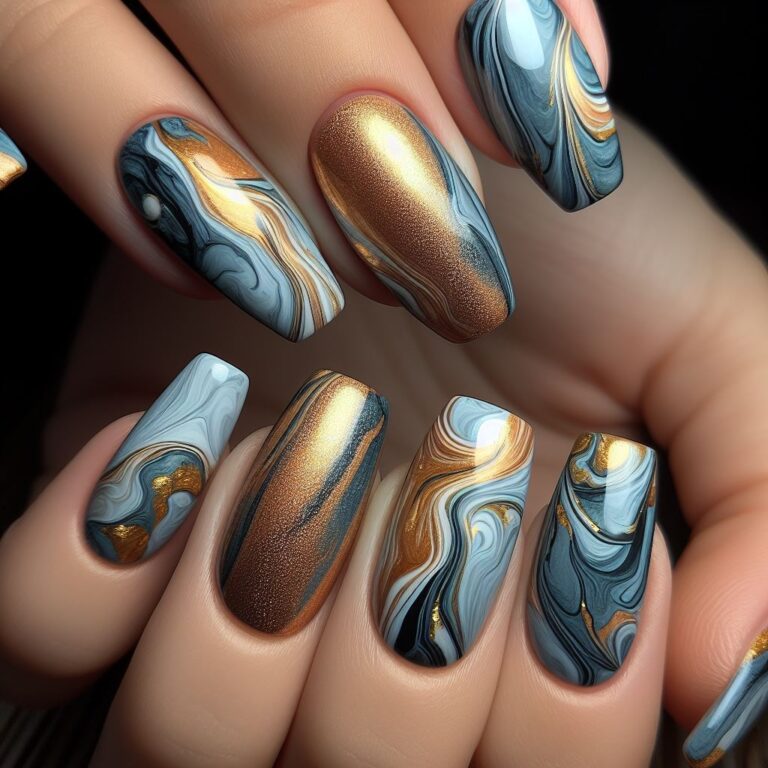 Marble Majesty: Blue and Gold Nail Design with Marble Texture