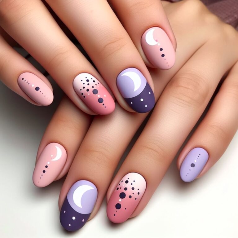 Starry Night Elegance: Purple and Pink Nail Design Inspired by Moon and Stars
