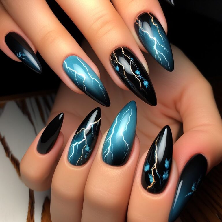 Electrifying Enchantment: Nail Design in Blue and Black with Lightning Motif