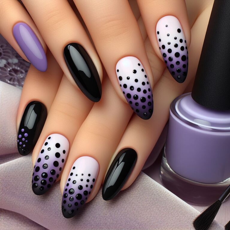 Enigmatic Spots: Trendy Purple and Black Nail Design featuring Polka Dots