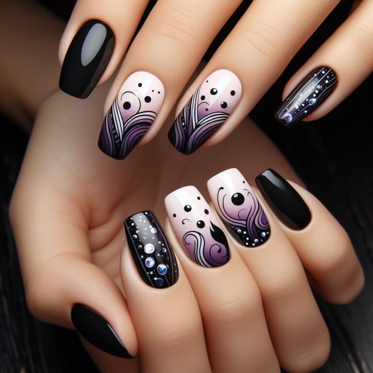 Mystic Noir: Purple and Black Nail Design with Circles and Swirls