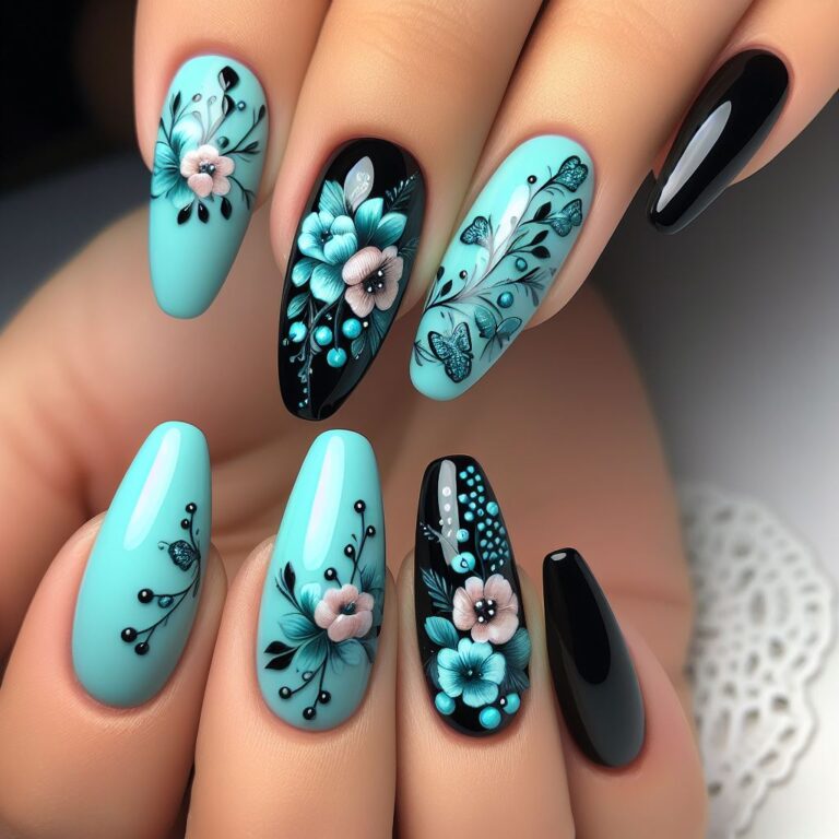 Turquoise Floral Elegance: Nail Design in Black and Turquoise with Flowers