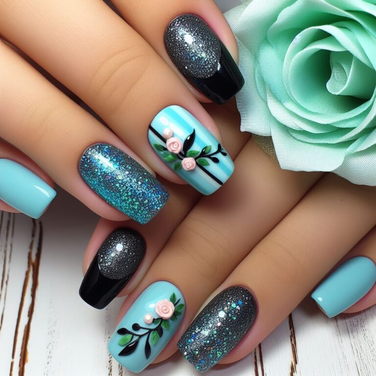 Turquoise Temptation: Nail Art with Glitter, Flowers, and Stripes in Black and Turquoise