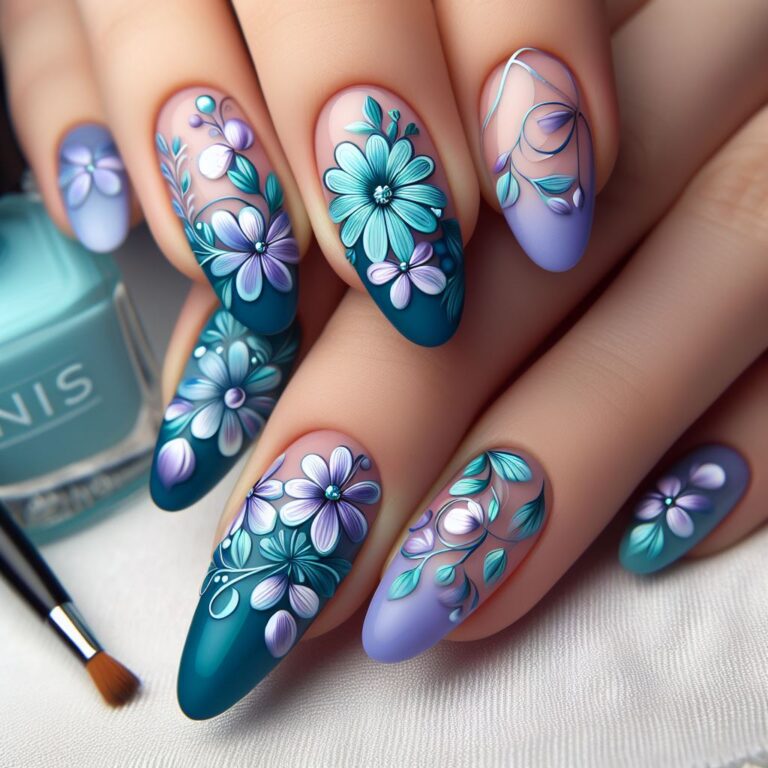 Purple Passion Florals: Nail Art Featuring Stunning Flowers in Turquoise and Purple