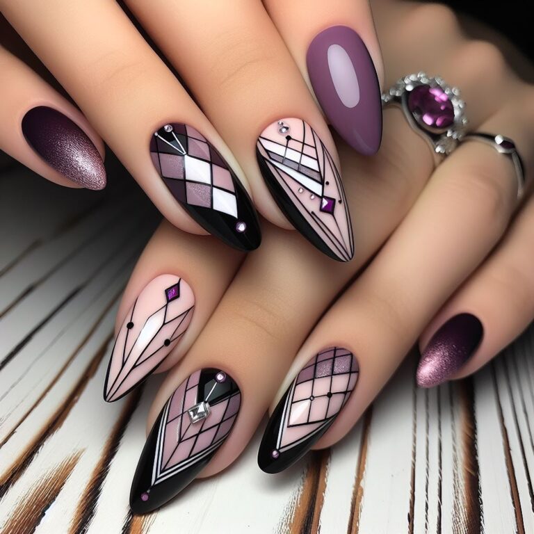 Gothic Geometrics: Stylish Purple and Black Nails with Intricate Shapes