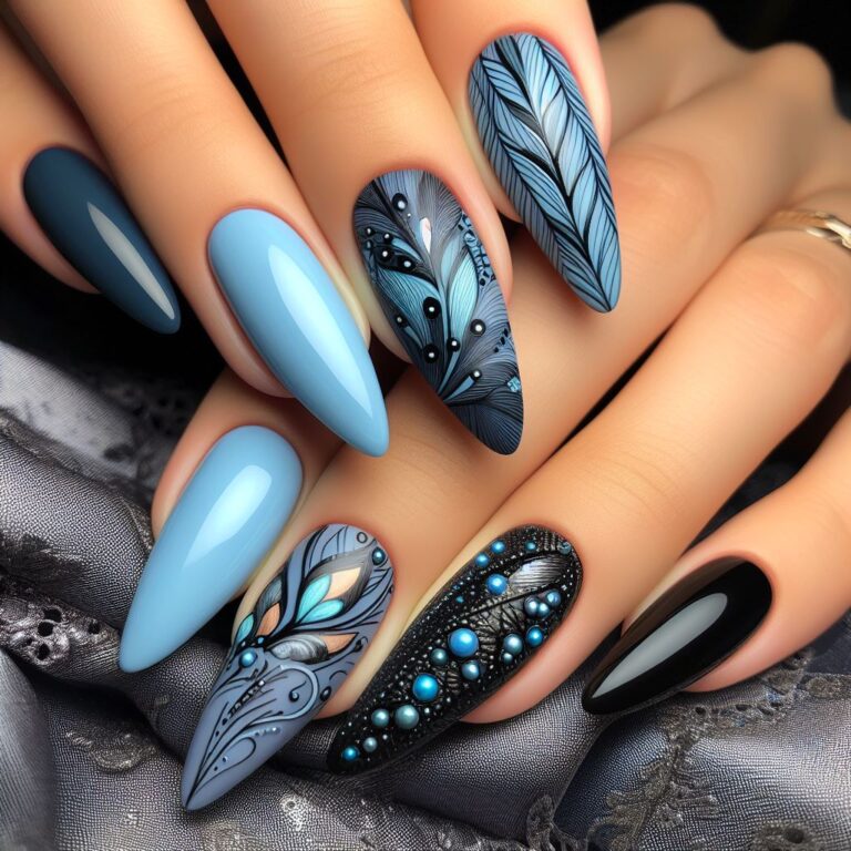 Inky Plumage: Blue and Black Nail Design Mimicking Exotic Avian Plumage