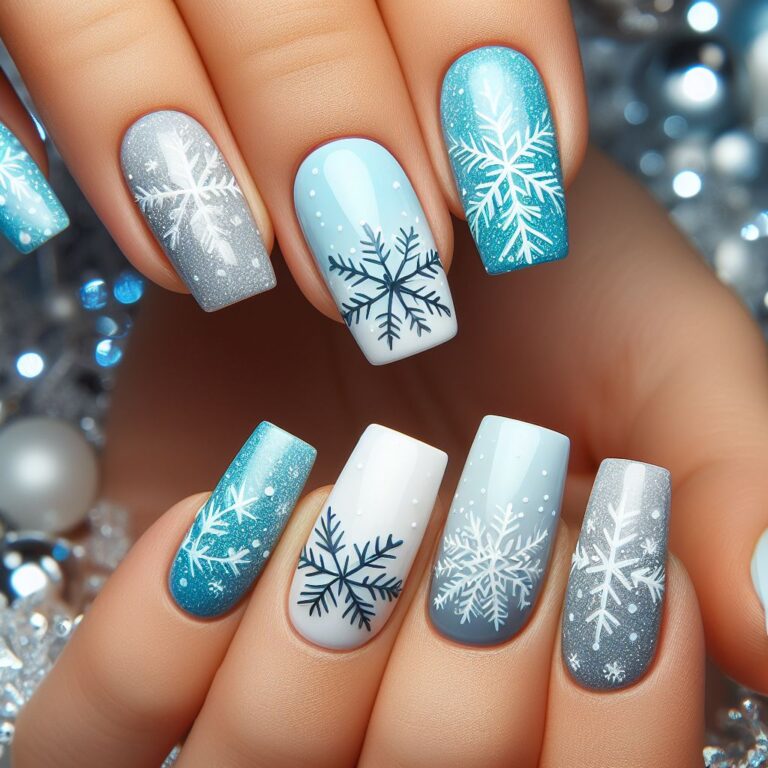 Winter Wonderland Nails: Blue and White Design with Snowflakes