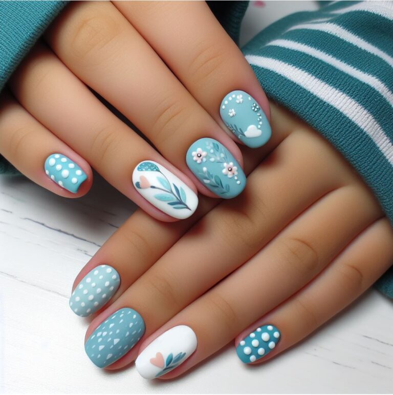 Tiny Treasures: Turquoise and White Nail Design  with Floral and Dot Motifs