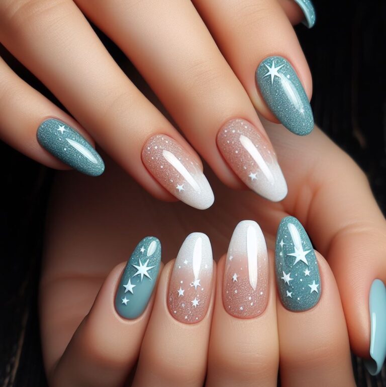 Celestial Chic: Turquoise and White Nails Adorned with Glitter and Stars