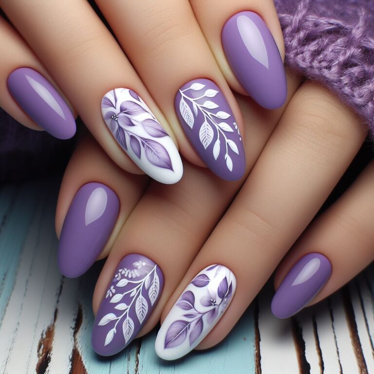 Leafy Elegance: Purple and White Nail Design with Delicate Leaves