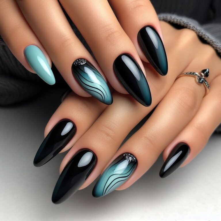 Gothic Elegance: Black and Turquoise Nail Design with Crystals and Curved Lines