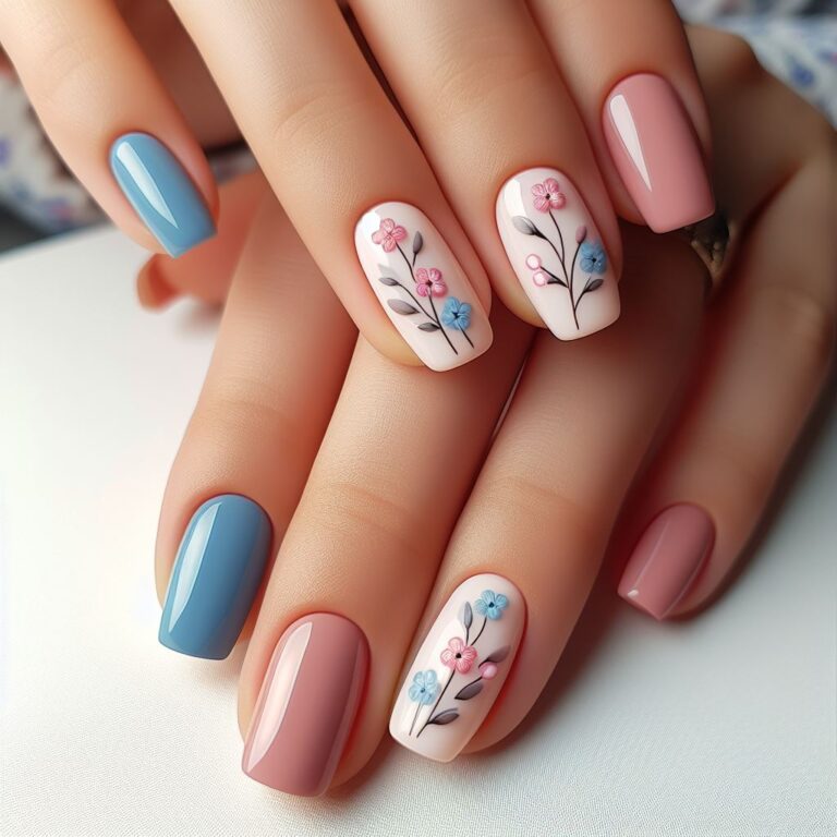 Pastel Petals: Delicate and Feminine Blue and Pink Nail Design with Flowers