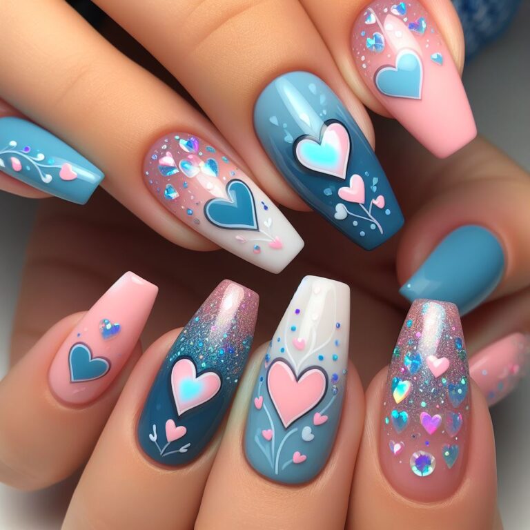 Glittering Romance: Blue and Pink Pastel Nails with Heart Embellishments