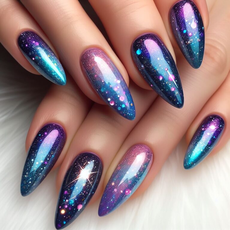 Galactic Glamour: Blue and Purple Nail Art Inspired by the Cosmos