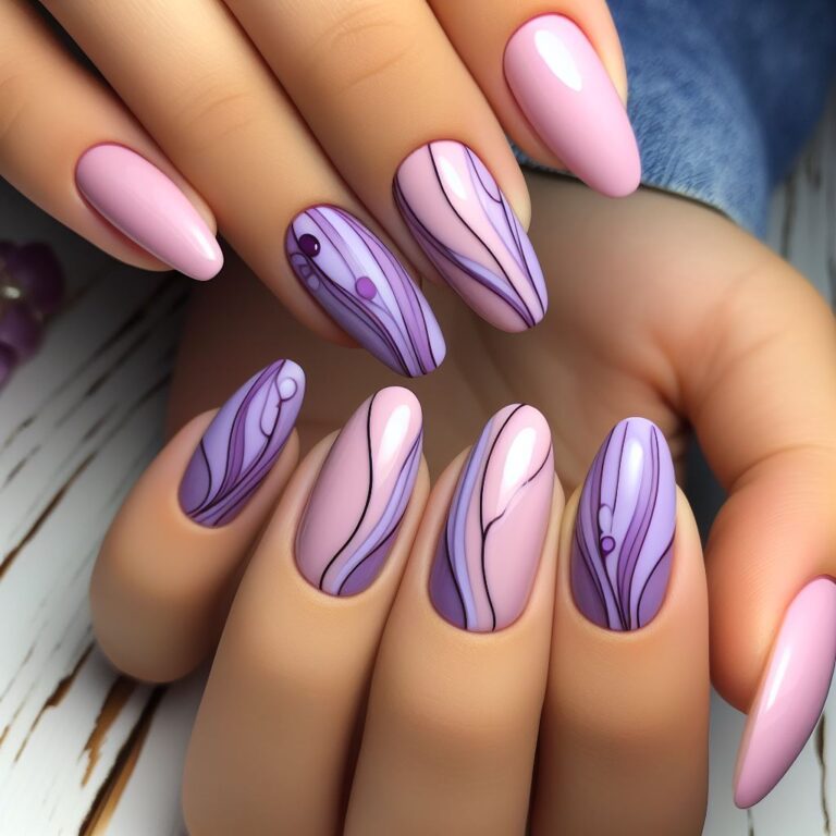 Serene Curves: Purple and Pink Nail Art with Soft Wavy Lines