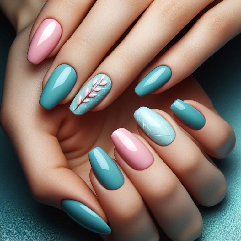 Turquoise Branches of Love: Nail Art with Pink and Turquoise Twig Accents