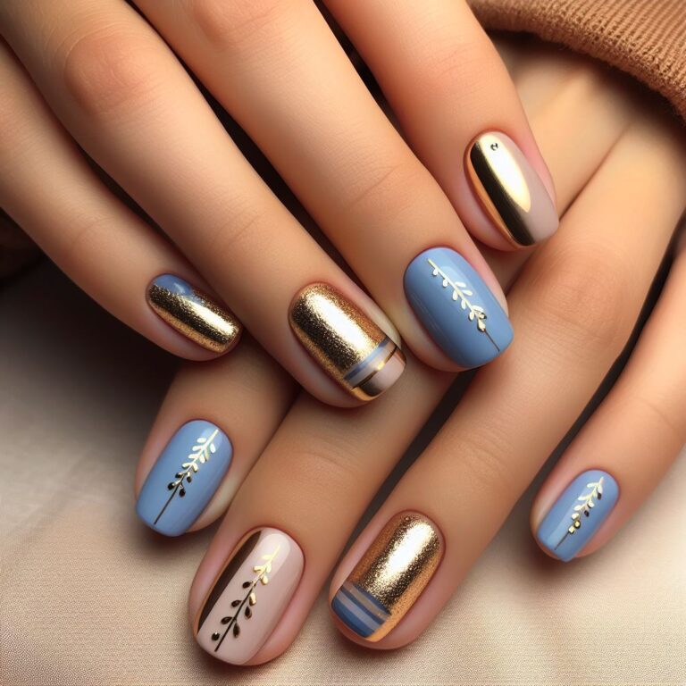 Golden Touch: Minimalist Nail Design with Blue and Gold Leaves
