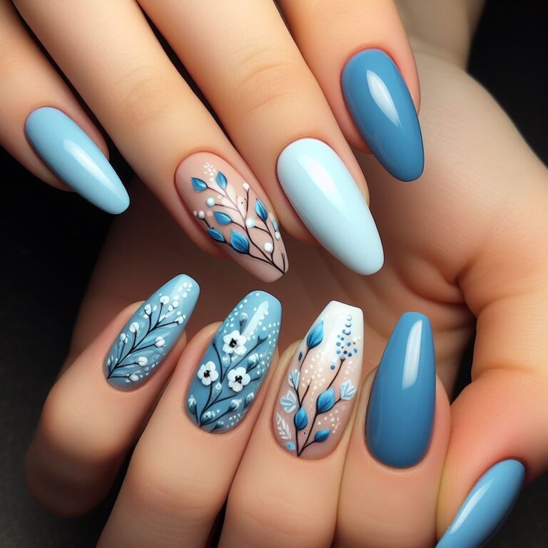 Azure Flower Fantasy: Nail Design in Blue and White with Stunning Floral Motifs