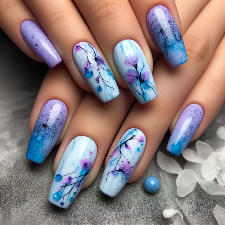 Watercolor Whispers: Blue and Purple Nail Art Masterpiece