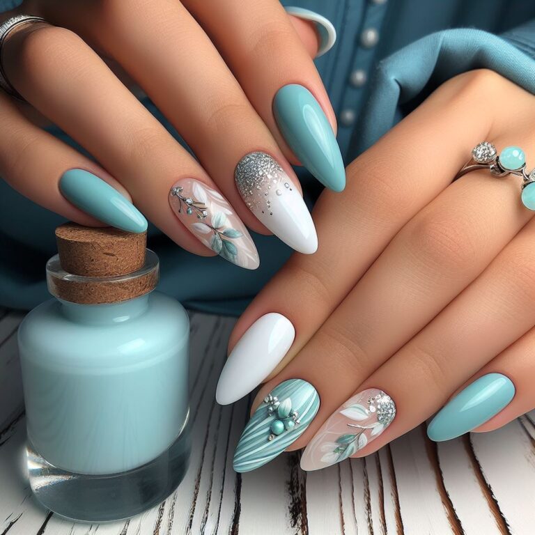 Crystal Garden Glamour: Turquoise and White Nails Adorned with Flowers and Glitter