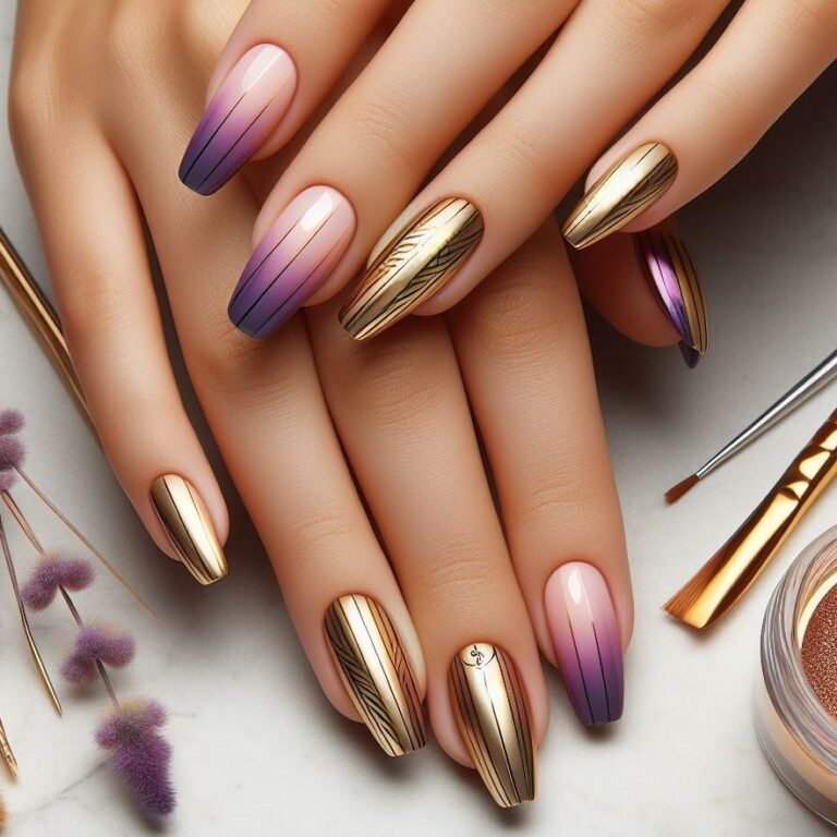 Regal Strokes: Luxurious Purple and Gold Nails featuring Delicate Lines