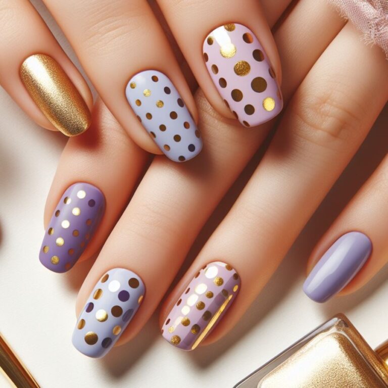 Golden Dots: Purple and Gold Nail Design with Polka Dots