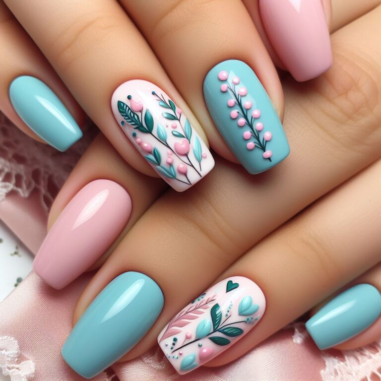 Blooming Branches: Pink and Turquoise Nail Design with Spring Flowers and Twig Motifs