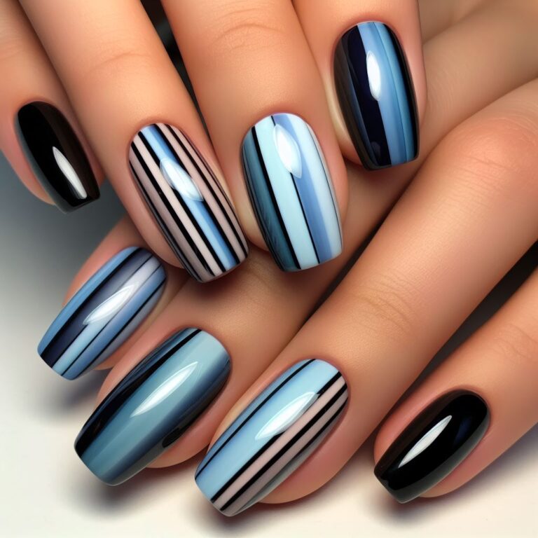 Nocturnal Stripes: Stylish Nail Art in Blue and Black