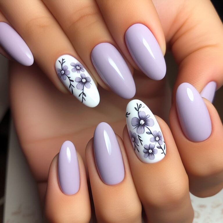 Violet Whispers: Nail Design in Violet and White with Delicate Floral Accents